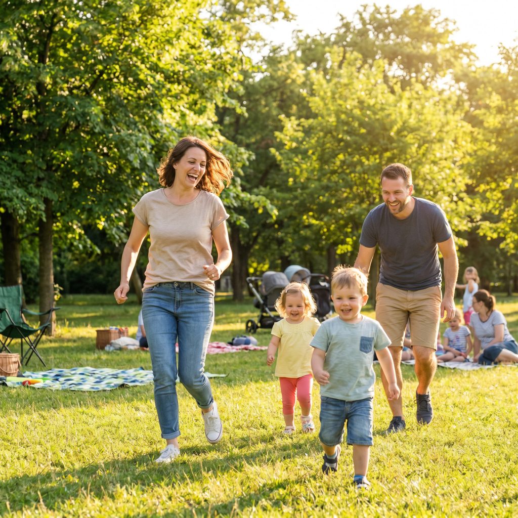 Happy family enjoying an active day outdoors with healthy movement and wellness